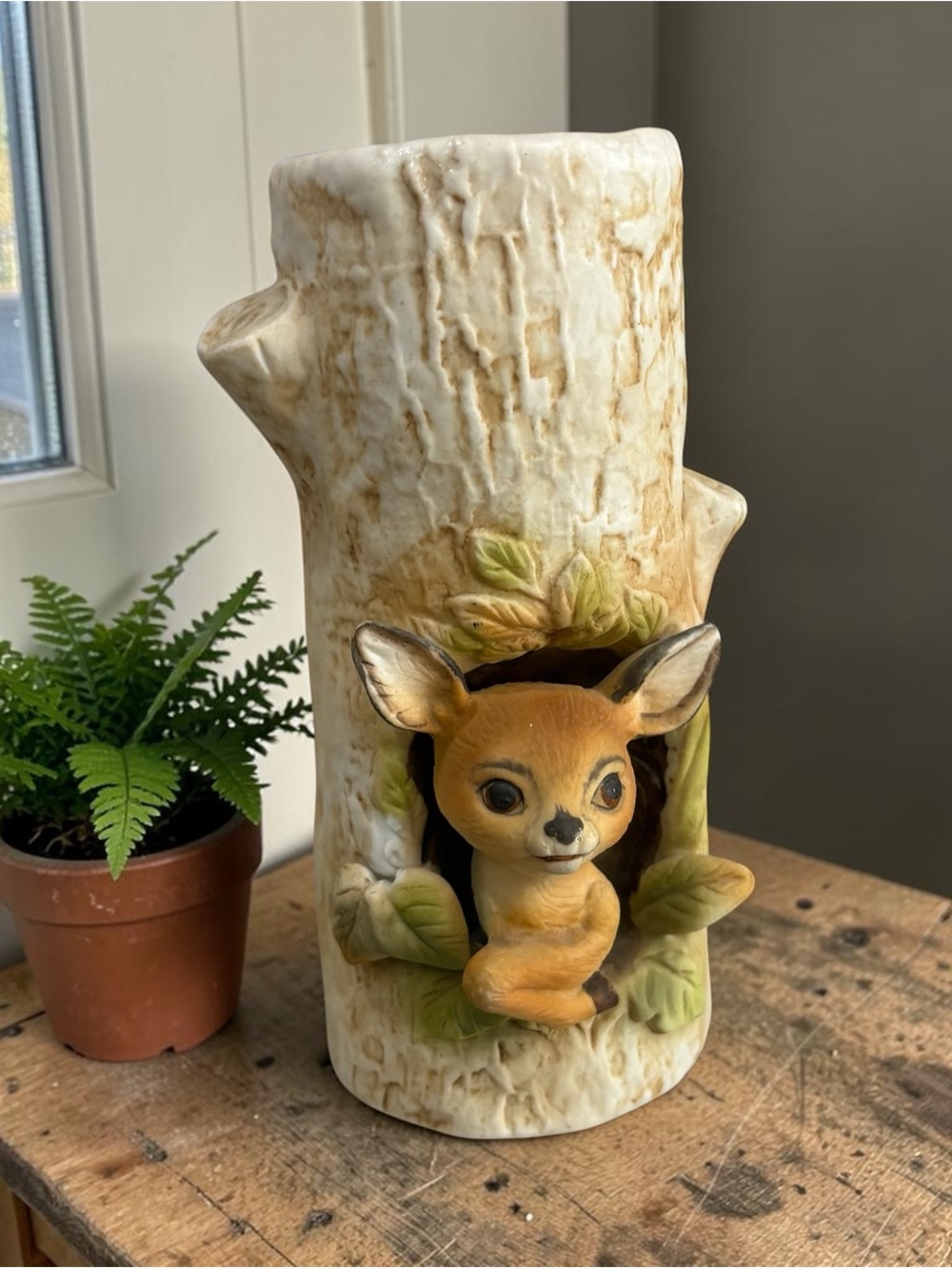 Ceramic Deer in Tree Trunk Figurine - Beige & Brown